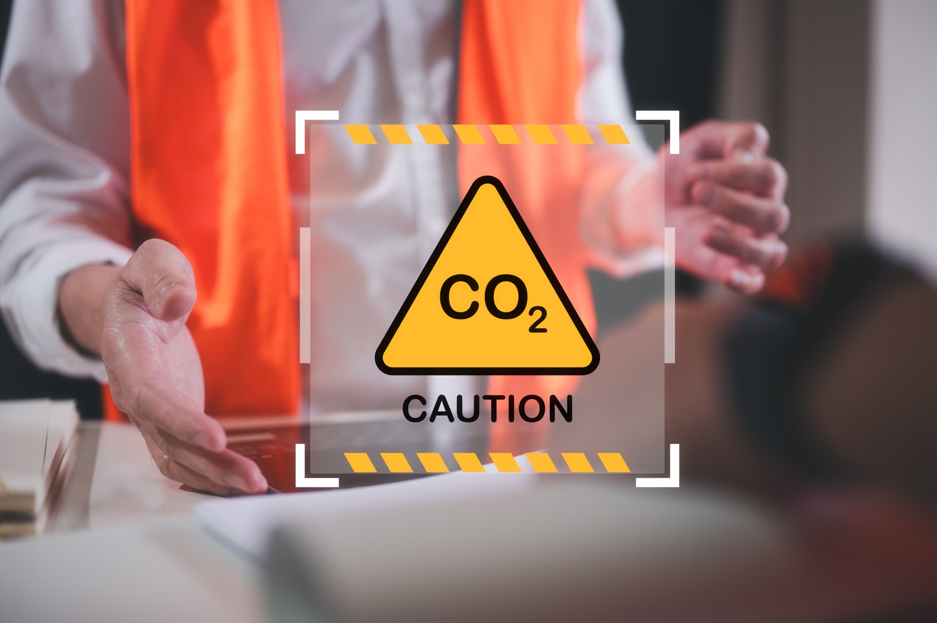 virtual modern reduce CO2 emission concept with icons, global warming emissions carbon footprint climate change to limit global warming, energy, engineer or foreman discussing project co2 reduce