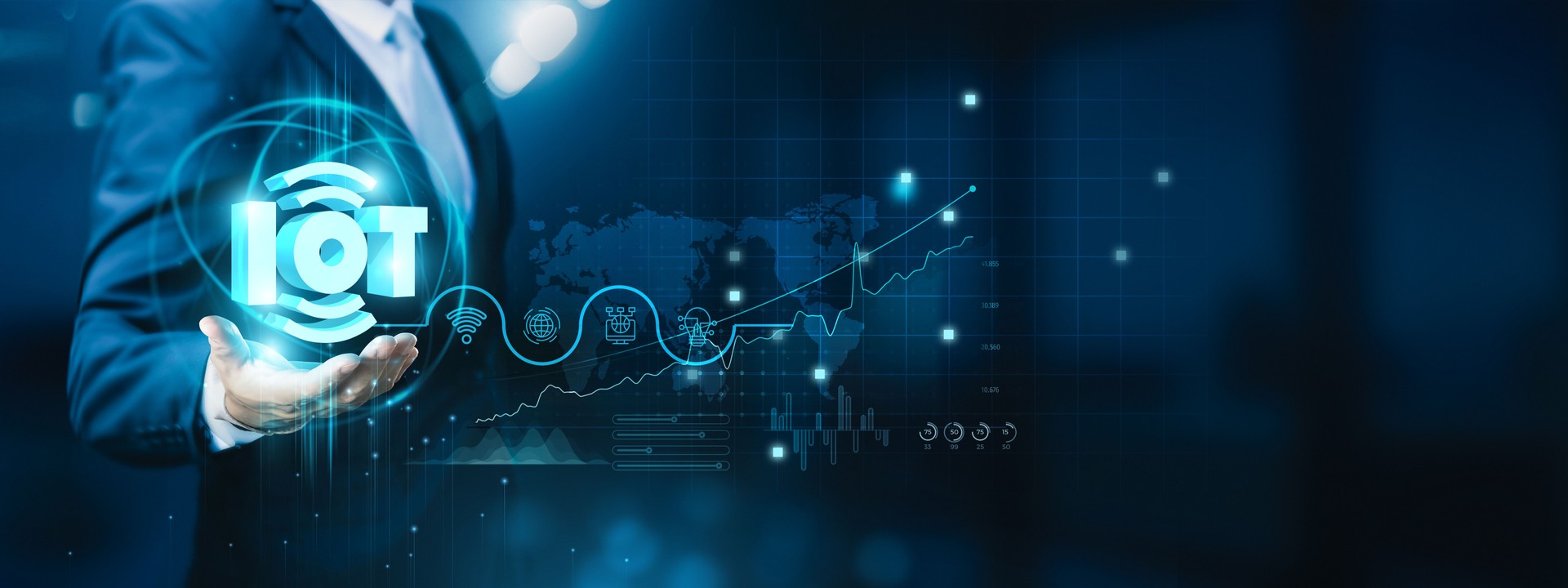 Businessman hand-holding Internet of Things (IoT) icons with a strong network connection. This fosters the growth of technology-driven and interconnected businesses.