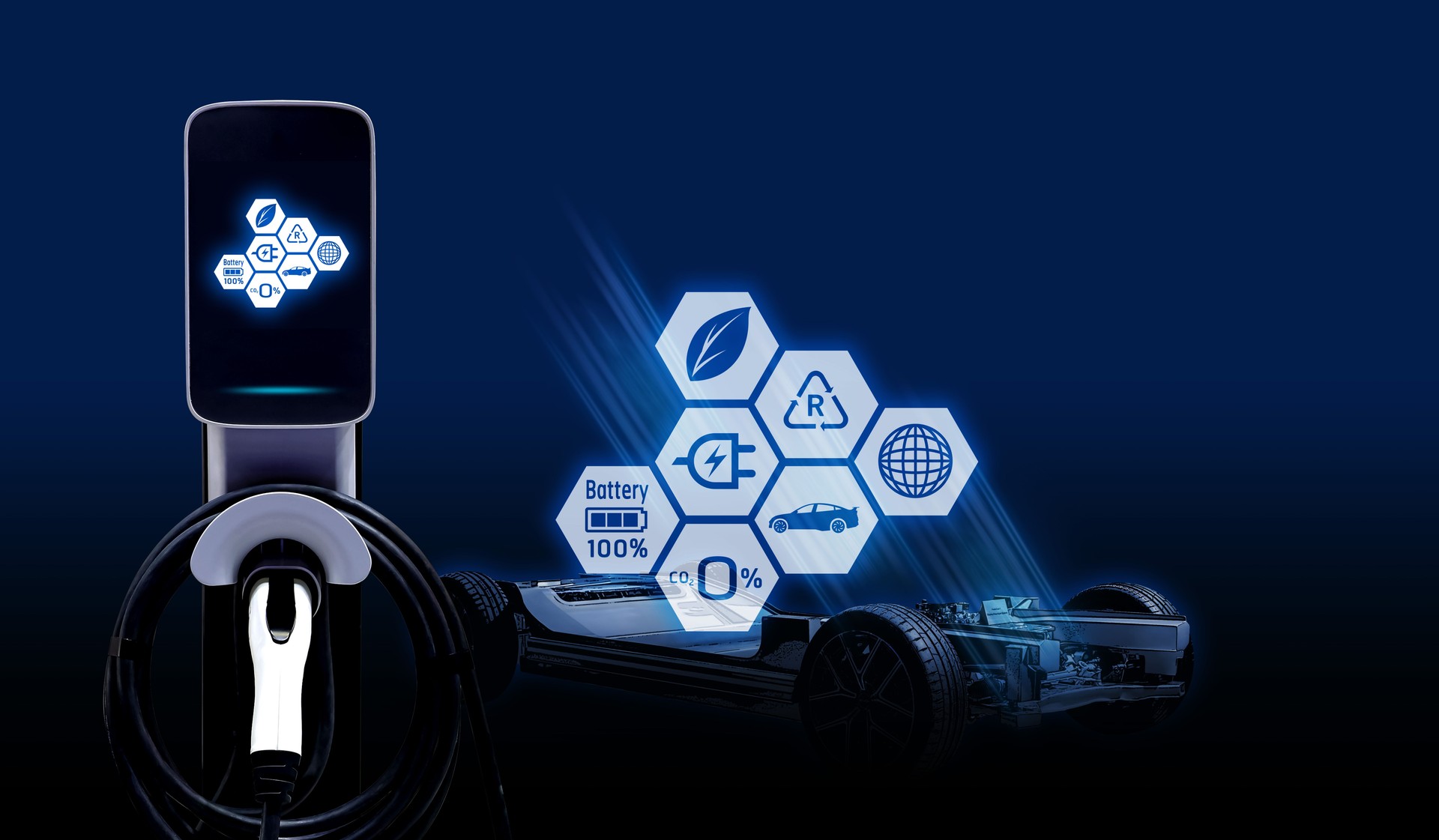 Concept of Power cable pump plug in charging power to electric vehicle EV car with icon save the world.