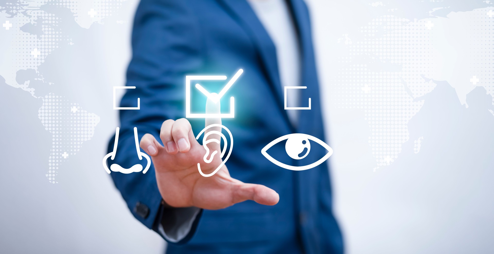 Businessman touch choose ear health on the map background,General Medical Services Concept, pressing the virtual button on service touchscreen by his finger, technology network concept