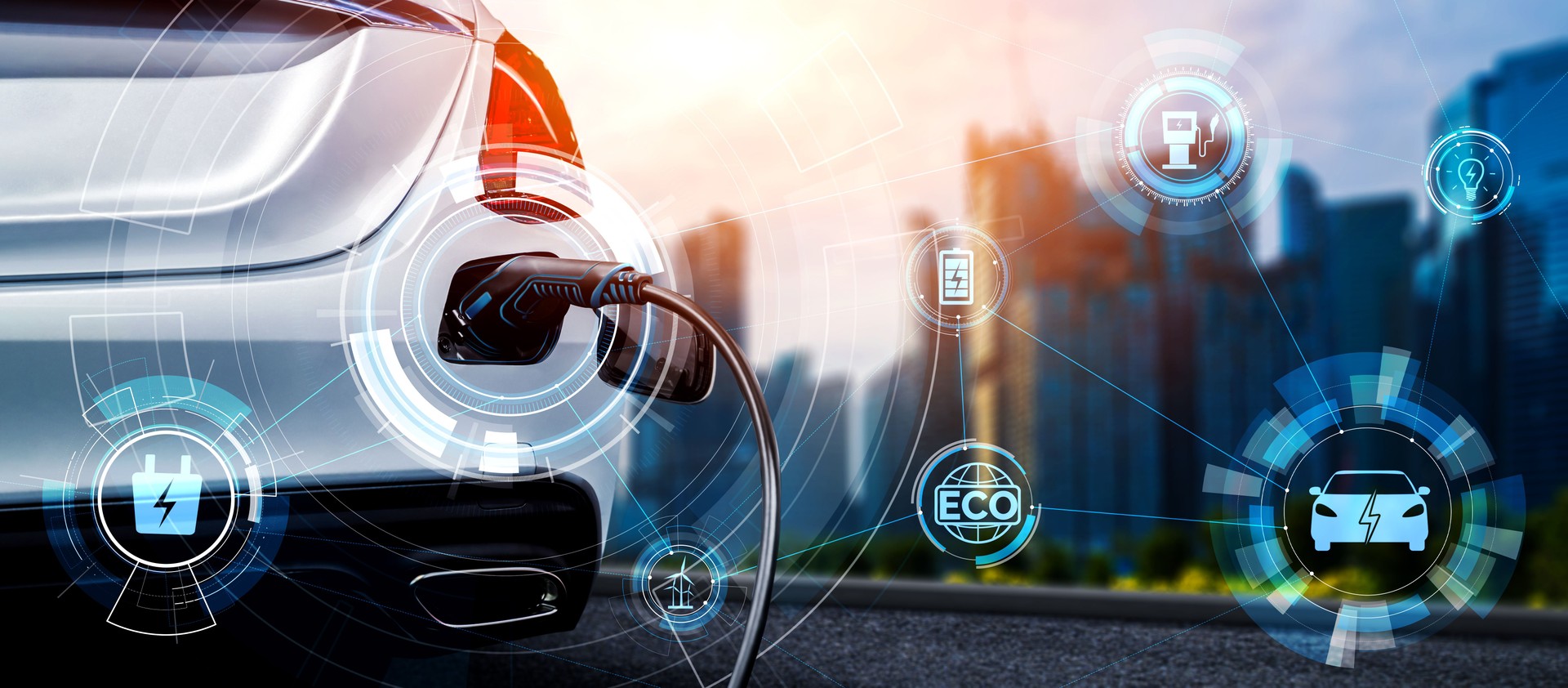 EV charging station for electric car in concept of alternative green energy produced from sustainable resources to supply to charger station in order to reduce CO2 emission .