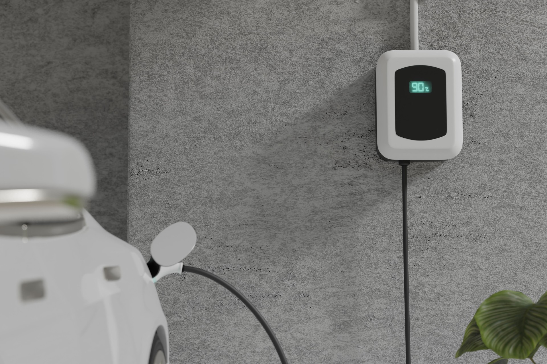Electric Car Charging with EV charger at home, 3d rendering illustration