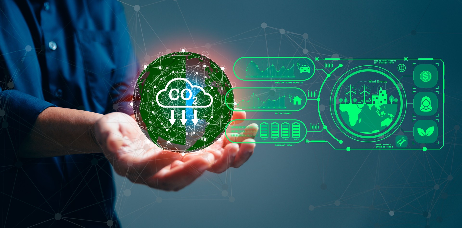 Businesswoman working virtual modern computer to reduce CO2 emissions carbon footprint climate change to limit global warming. Sustainable development and innovation green business concept.