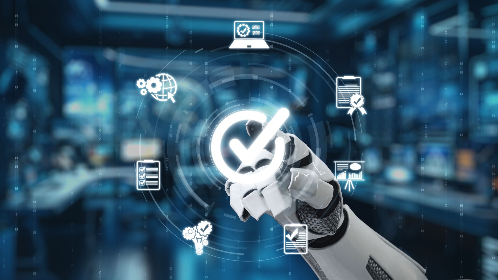 Robotic Hand Touching Check Mark Symbol With Icons Representing Technology, Automation, Data Analysis, and Digital Certification in Modern Office Environment. Auvana