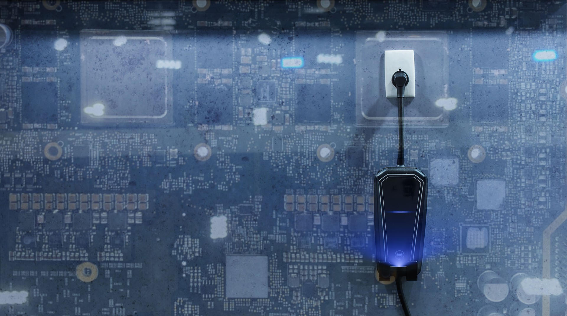 Electric vehicle charger on tech-themed background