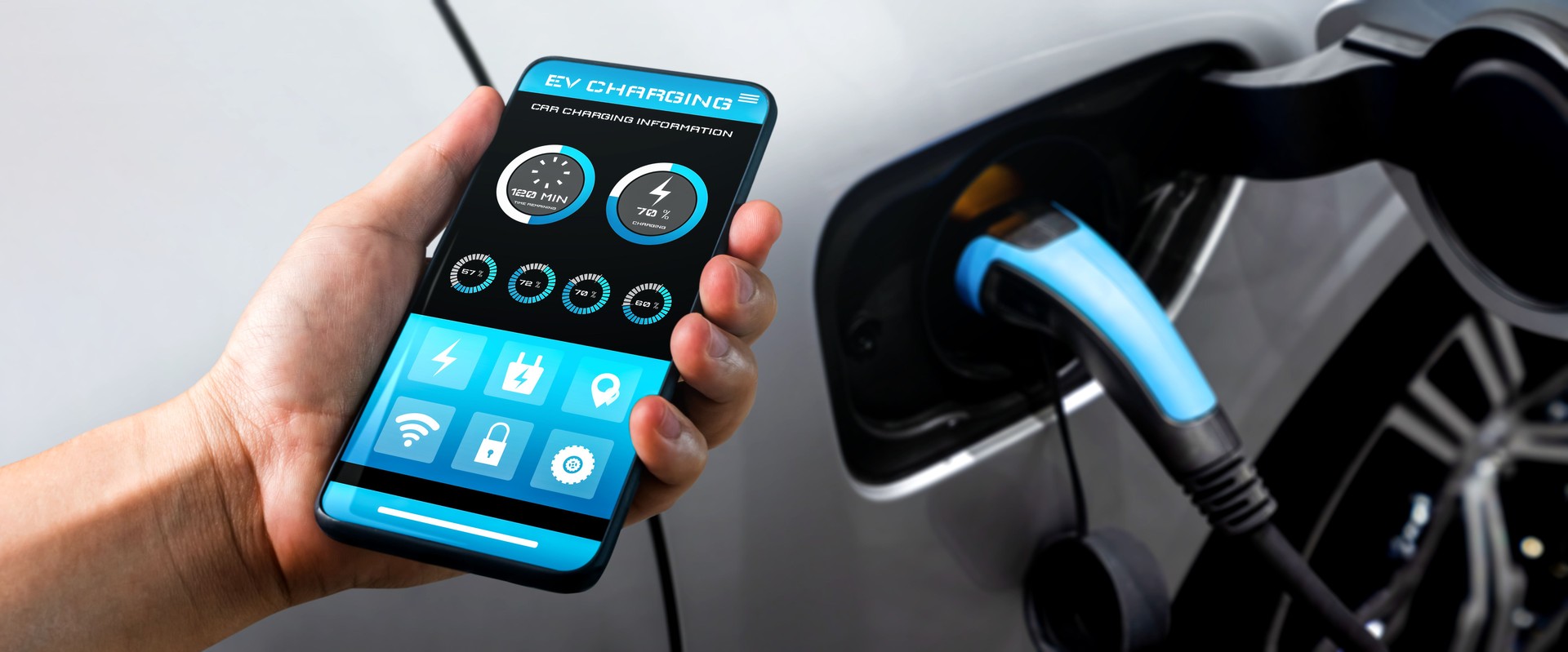 EV charging station for electric car with mobile app display charger status