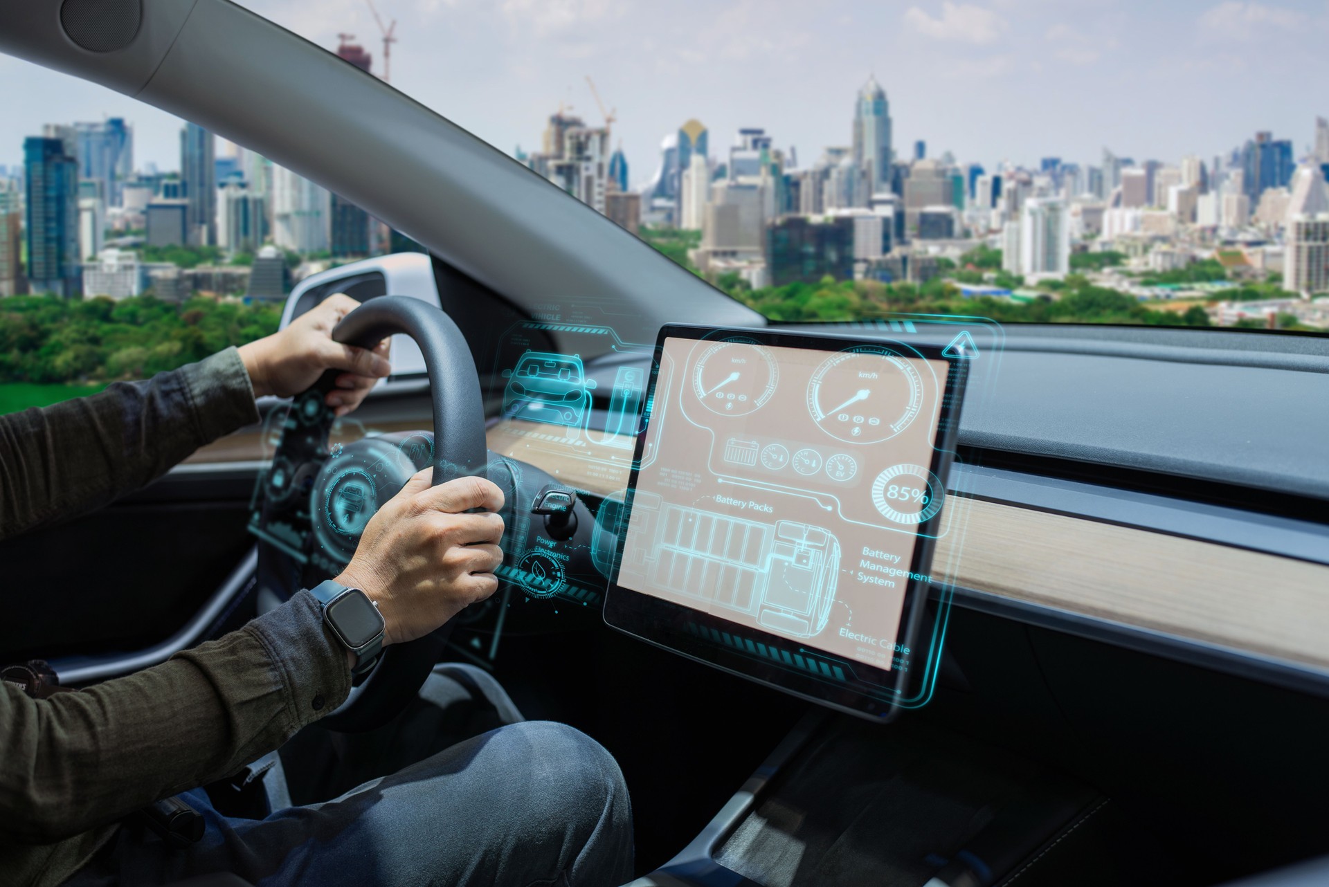 Driver Using Electric Car with Futuristic Dashboard