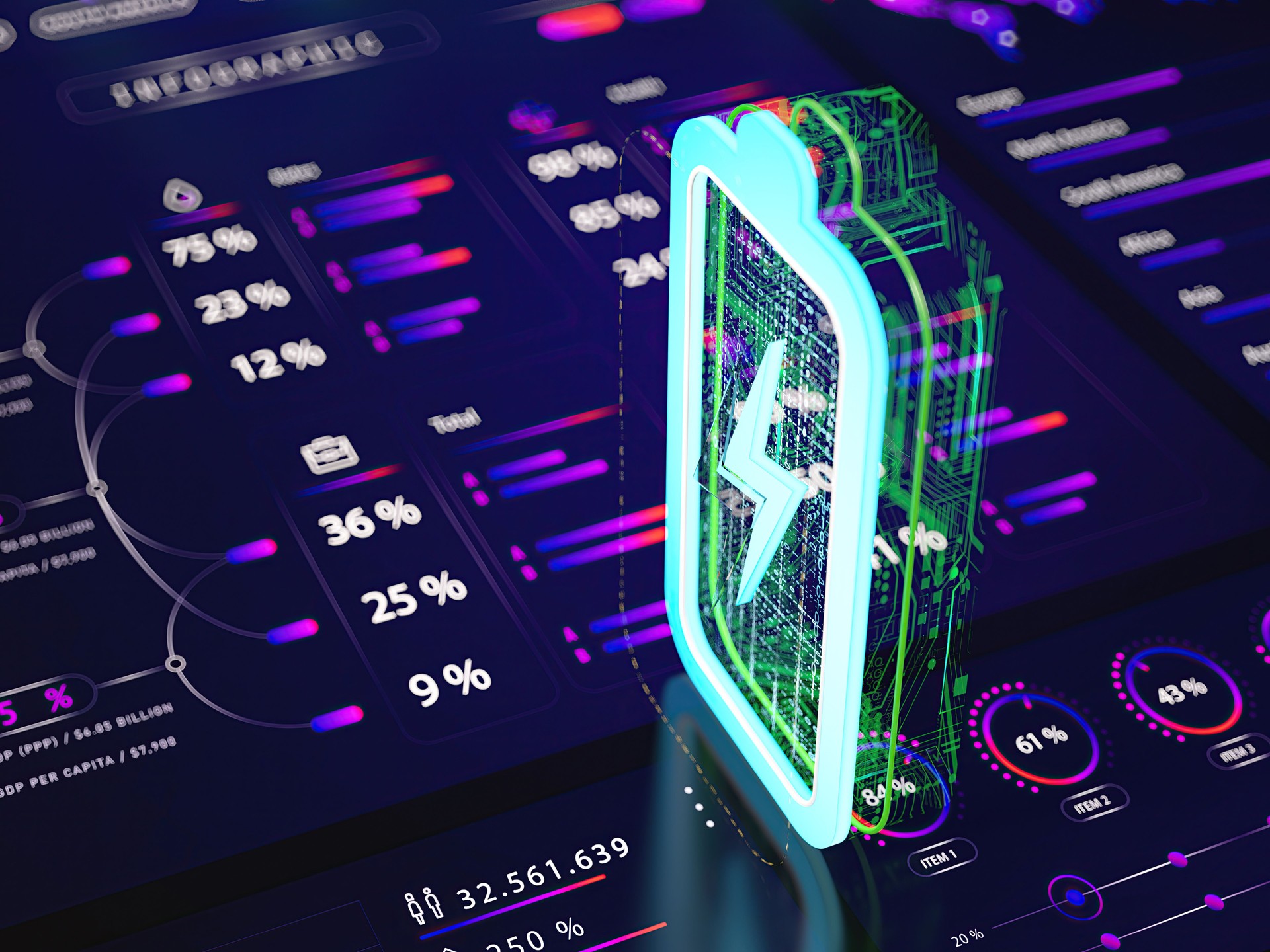 Blue Digital Battery Sign and Futuristic HUD with Big Data
