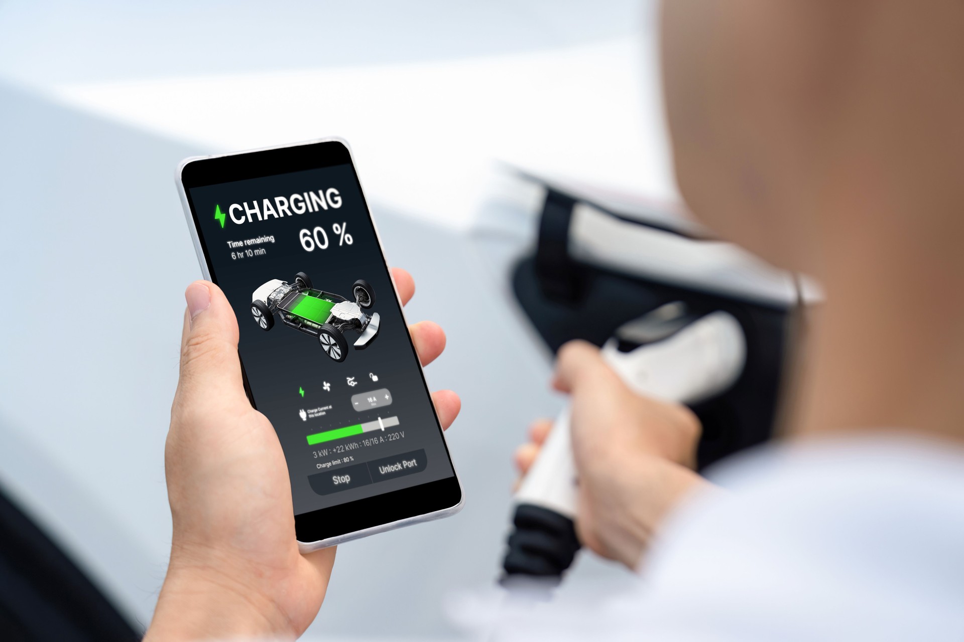 Ev car battery status display on smartphone application. Perpetual