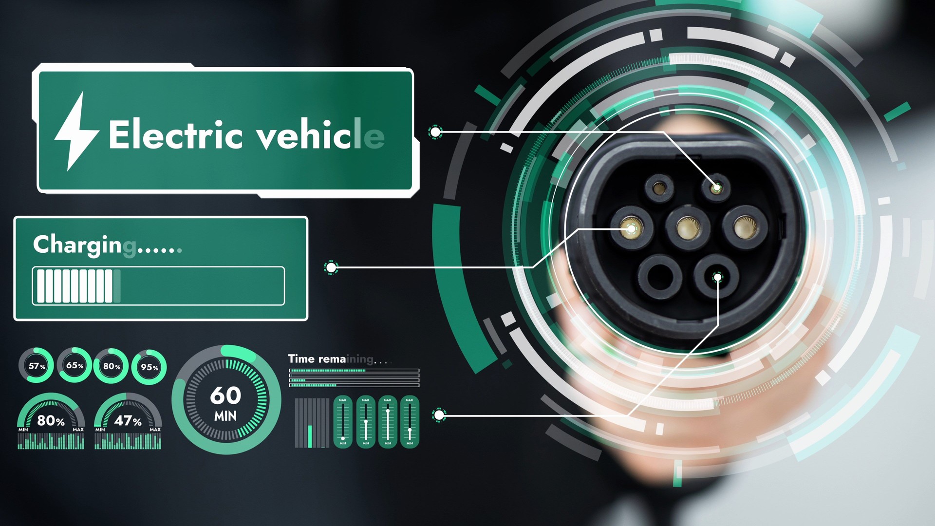 Focus EV charger pointing in front of camera with hologram. Peruse