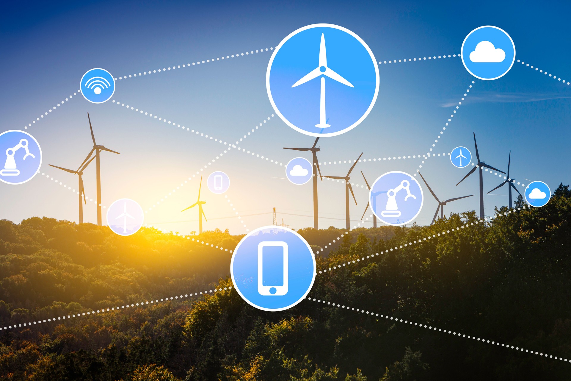 Renewable energy and Internet of Things. Smart green wind energy factory.