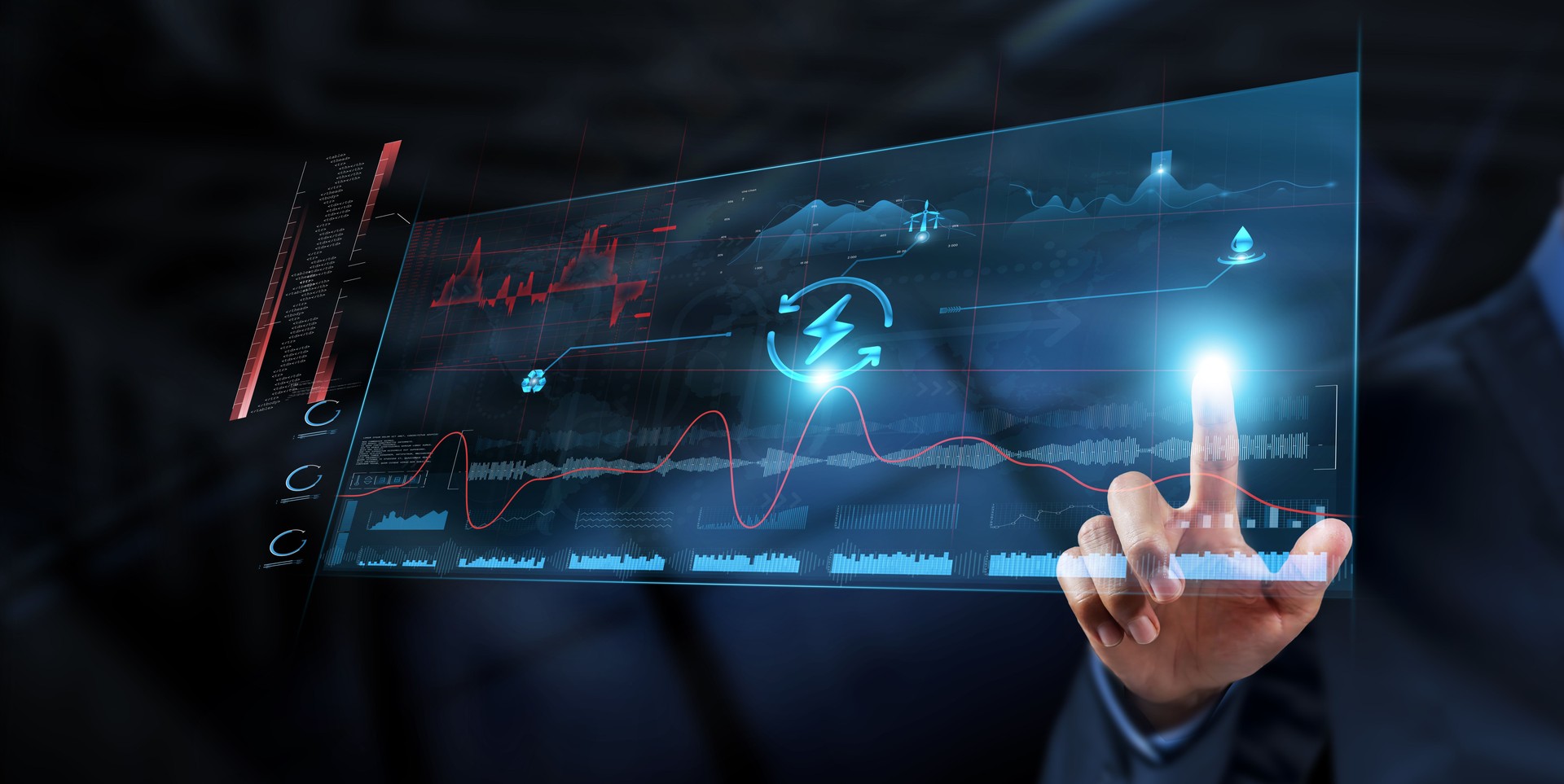 Energy Technology: Businessman analyzing data strategy with graph on digital screen. Renewable energy, sustainability, energy efficiency, smart grids, solar power, wind energy, carbon reduction.